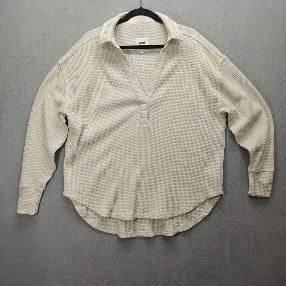 Aerie Waffle Knit VNeck Top Womens Small Oversized Minimalist Preppy Coastal